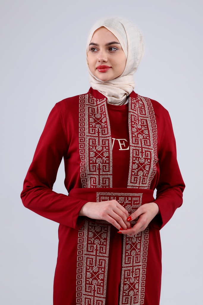 [25502-Maro-36] فستان فلسطين 3 قطع طويل قطن 25502 (36, Maroon) NRC20859