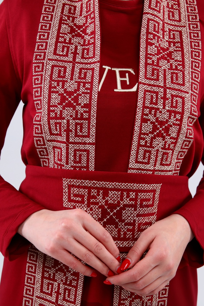 [25502-Maro-36] فستان فلسطين 3 قطع طويل قطن 25502 (36, Maroon) NRC20860